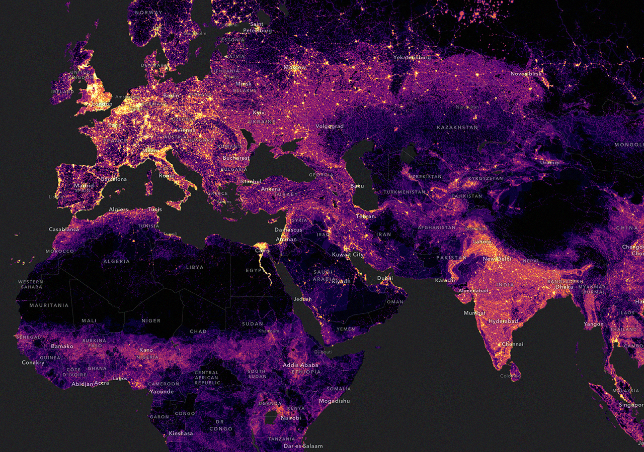 A concentration map of parts of Europe, Asia, and Africa with glowing golden clusters showing population density systems on a purple and black background