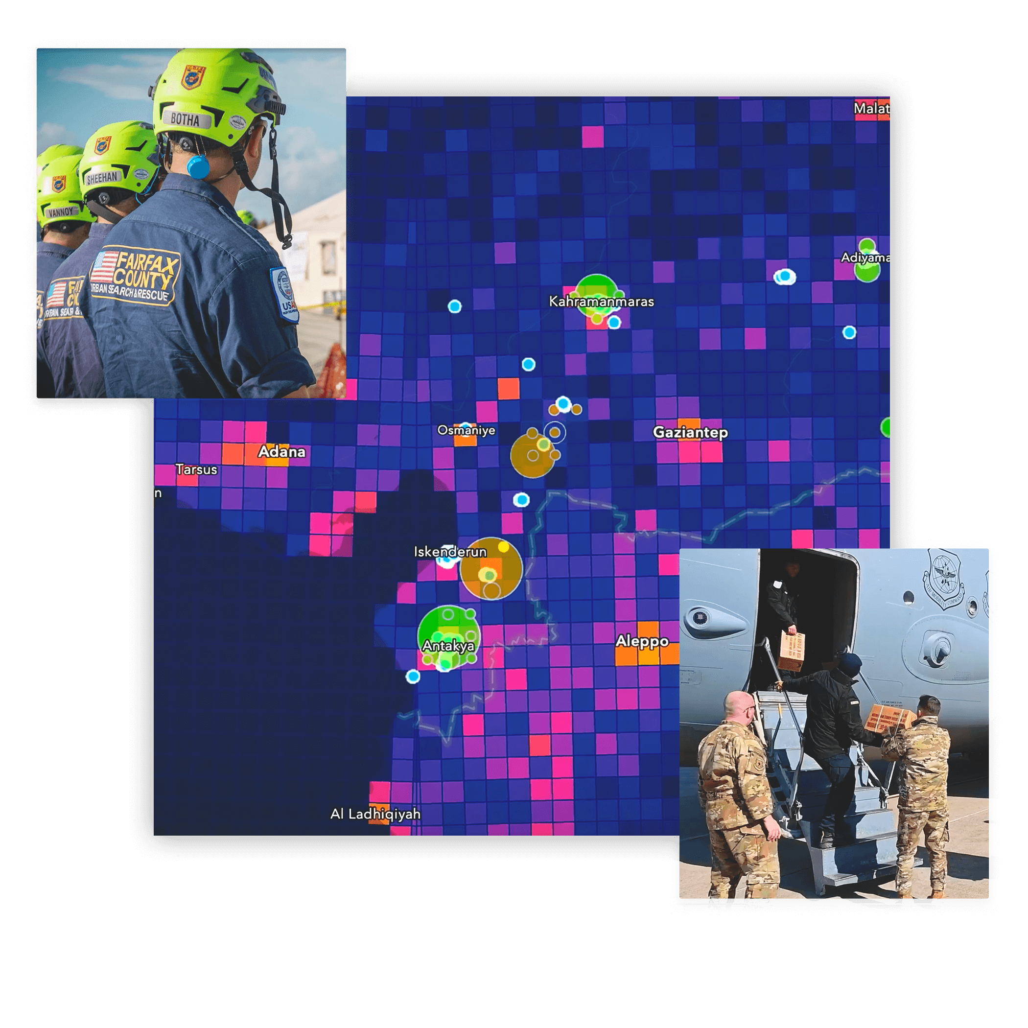 A collage of images showing a search and rescue team prepping for deployment, a map of Turkey and Syria, and a cargo plane carrying supplies