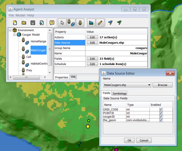 The main Agent Analyst interface (upper left) for a cougar movement model running within ArcGIS.