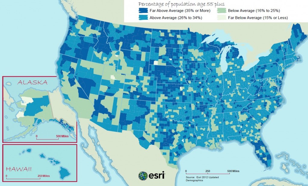 This map of the United States shows the percentage of population by county aged 55+ in 2012.