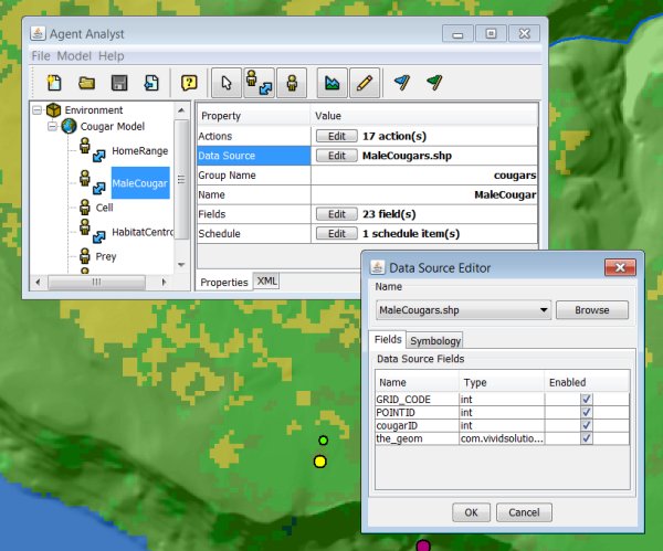 The main Agent Analyst interface (upper left) for a cougar movement model running within ArcGIS. 