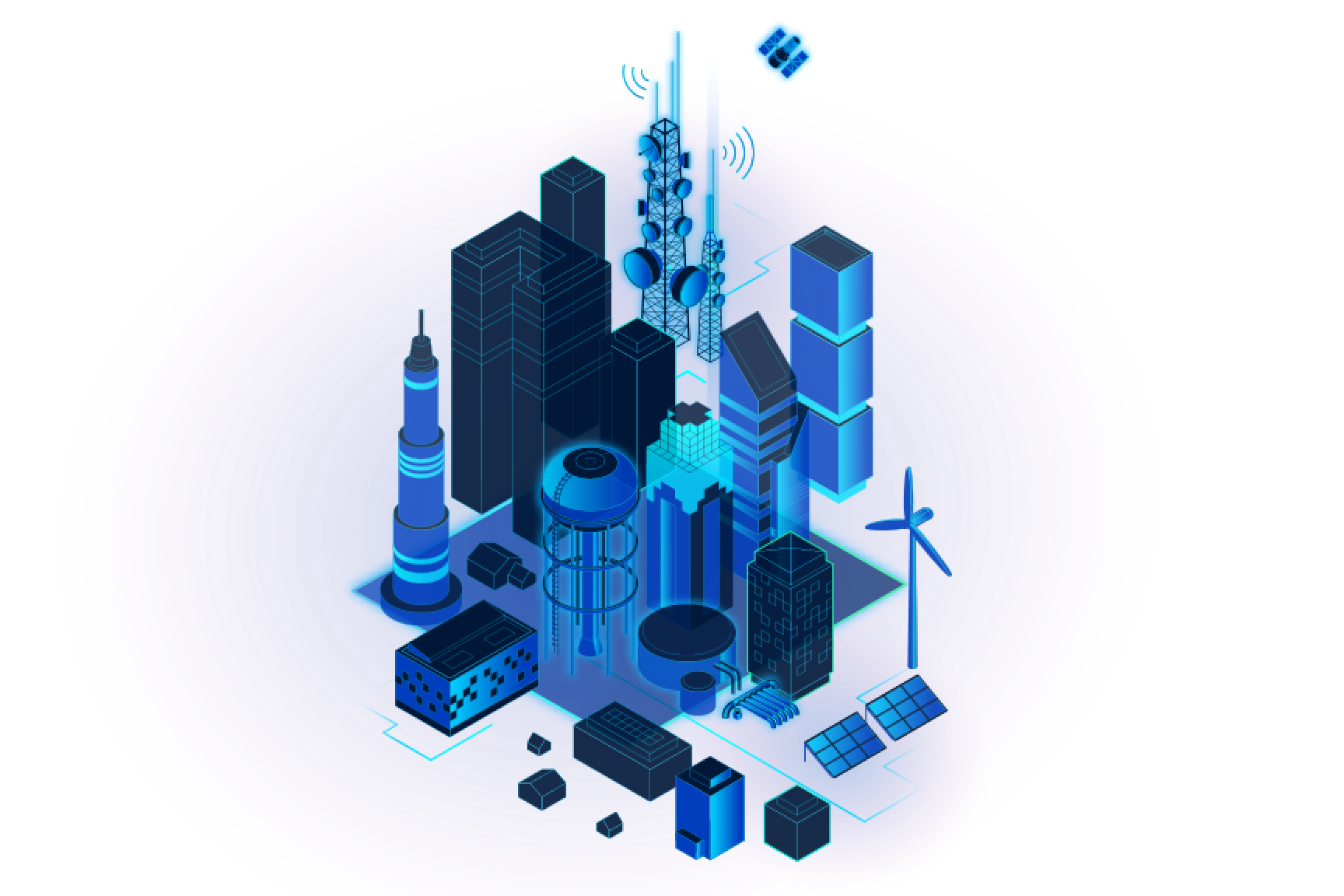 Graphic rendering of city infrastructure such as a wind turbine, skyscraper, and radio tower in shades of blue