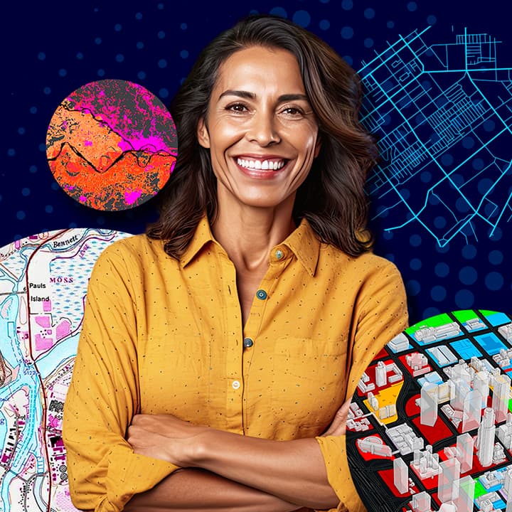 Smiling person in a yellow top surrounded by circles containing colorful maps grouped together on a dark background