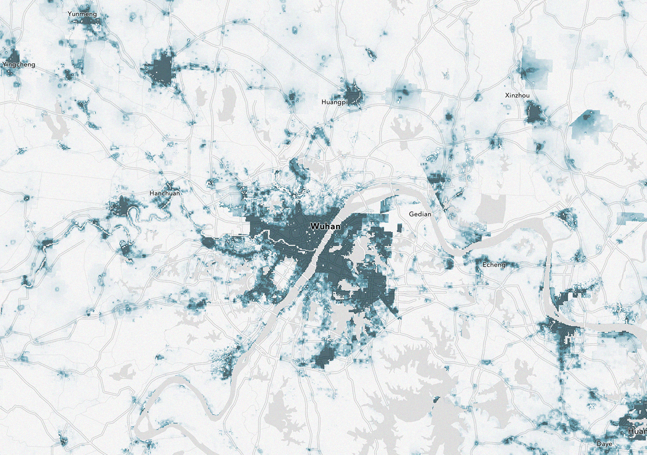 A concentration map of Wuhan, China, with clusters shown in teal on a white background, demonstrating how GIS software helps in analyzing population health patterns