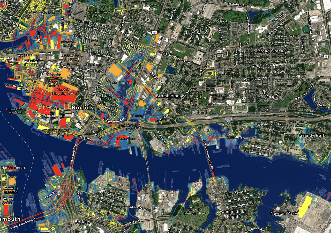 A colorful map of Norfolk, VA with water-adjacent buildings and roads shaded red and yellow, demonstrating how GIS aids in sea-level rise analytics