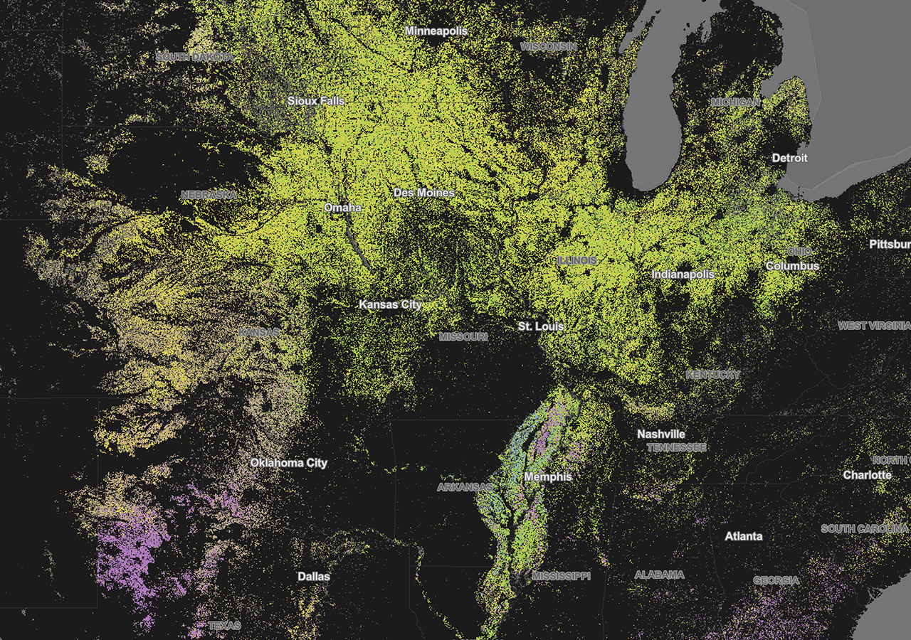 A contour map of midwestern U.S. in lime green and purple on a black background showing how GIS mapping technology helps farmers plan crops