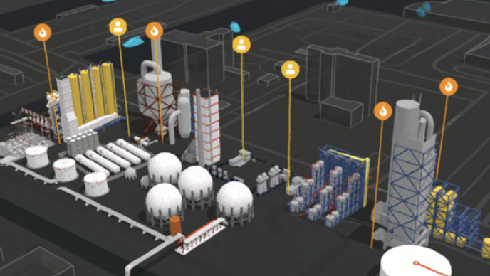 A 3D model of an oil refinery with buildings in gray and white and callouts that contain icons of people and a flame