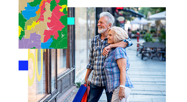 Senior couple shopping with inset of map