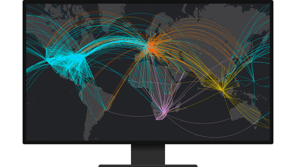 Dark themed map of the world showing airline routes