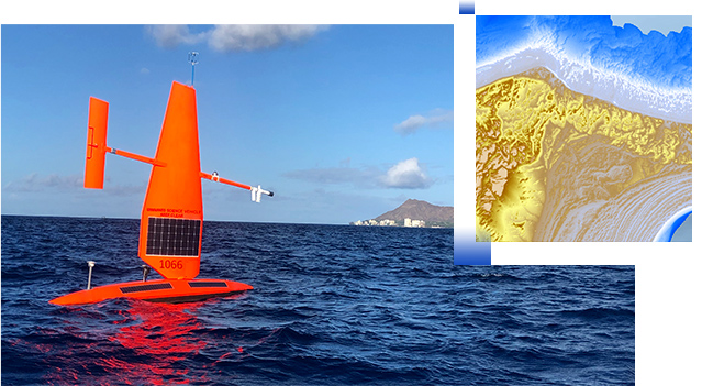 海でソナー データを収集するオレンジ色の自動運転の船舶と、青の水と黄色の土地が表示された湖の海底地形画像