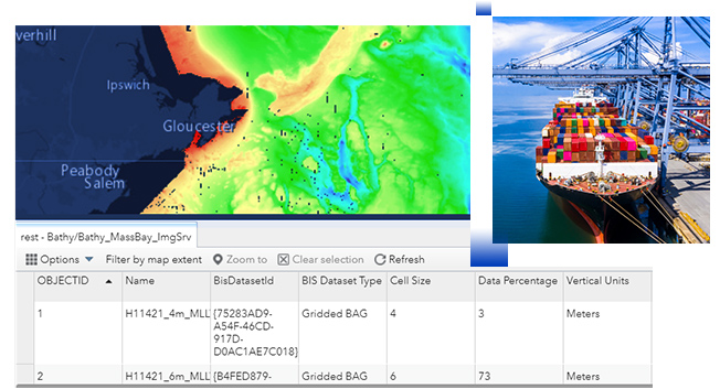 Barco de carga en un muelle y una aplicación de mapas web que muestra metadatos de sistemas de información batimétrica en un mapa amarillo, verde y azul