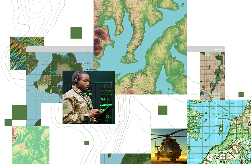 Collage of images, including a helicopter, topographic map, a map with coordinates, and a military member working on a tablet