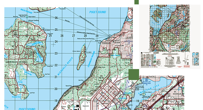 海洋、陸、および道路を含む、ピージェット湾および周辺地域の道路地図