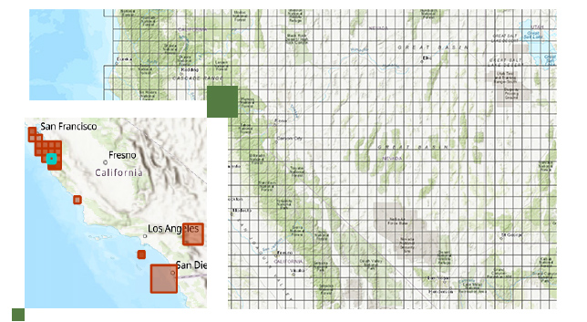 Большая карта Большого Бассейна с нанесенной сеткой и уменьшенное изображение территории Калифорнии между Сан-Франциско и Сан-Диего