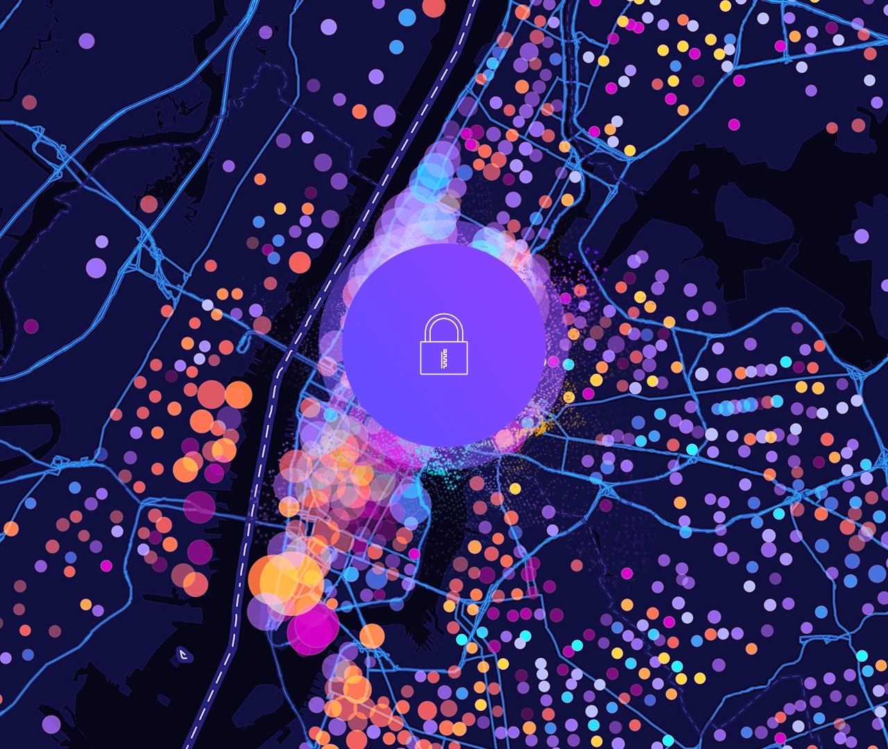 锁形图标和具有紫色、黄色和粉红色圆形数据点的数字街道地图