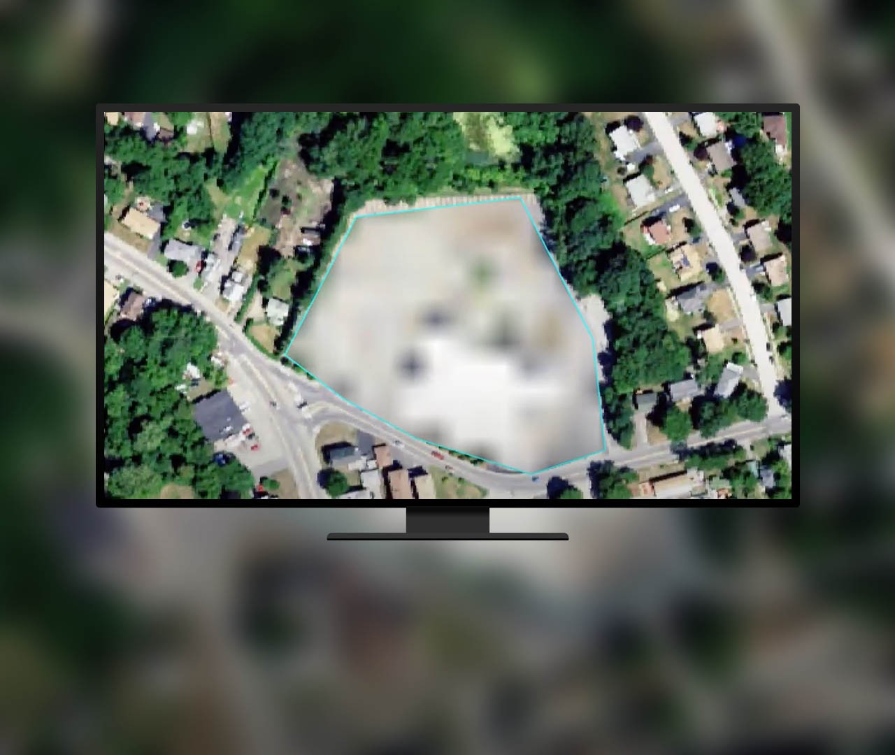 Luftbild eines Stadtteils, auf dem eine rautenförmige Fläche mit blaugrünem Umriss unscharf dargestellt ist