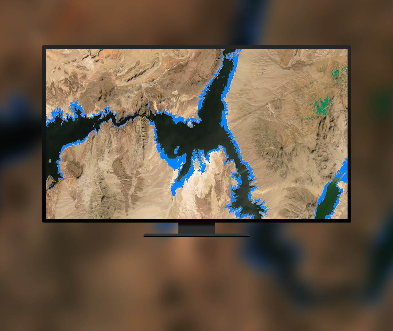 青色でハイライト表示され、河川のサイズの変化を示しているマップ