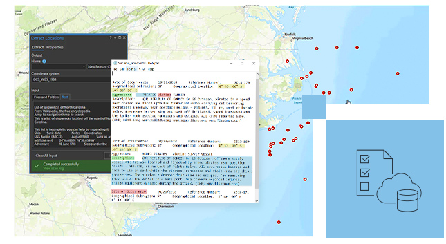 Карта восточного побережья США с красными точками данных, значком облака и значком бумаги