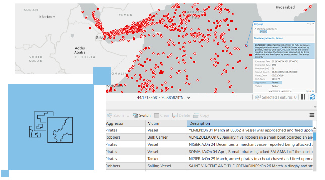 Carte grise comportant des points de données rouges éparpillés, ainsi que des données textuelles affichées sous la carte