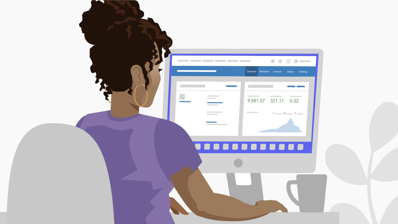 Screenshot: Frau an einem Computer, die den Credit-Verbrauch ihres Unternehmens überwacht