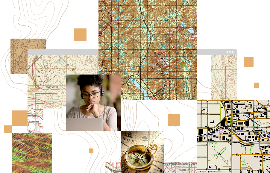 コンパス、ラップトップで作業している若い女性、道路地図、地形図を含む、画像のコラージュ
