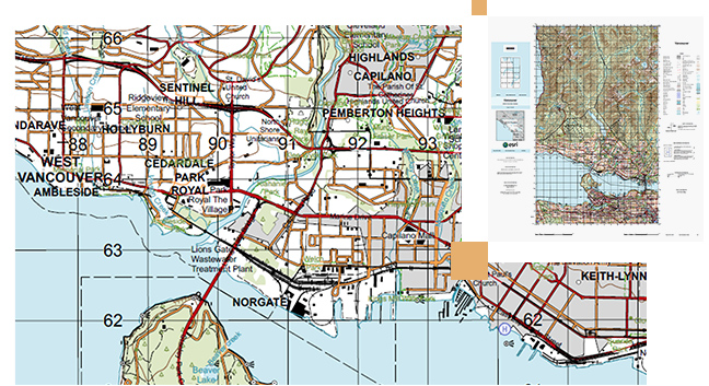 道路が赤とオレンジのラインでマーク付けされ、ボックスが付いた小さいグリッド マップを表示する西バンクーバーの水域と土地の道路地図