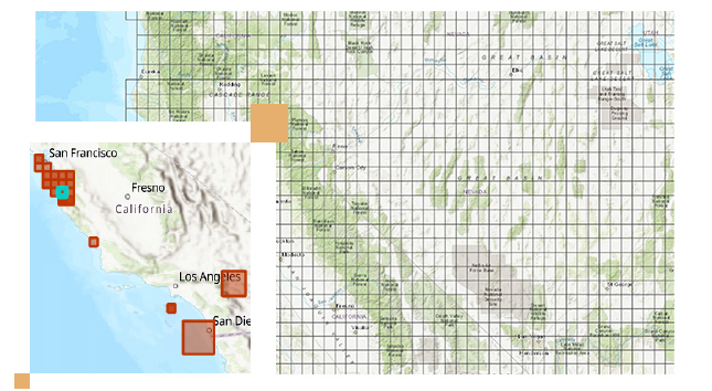 Mapa cuadriculado de la Gran Cuenca con cuadros y una imagen topográfica de California entre San Francisco y San Diego