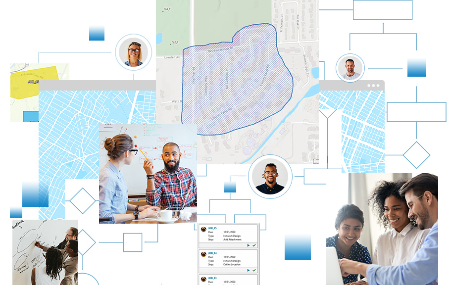 Коллекция цифровых карт улиц и изображение людей в офисе, работающих вместе перед маркерной доской 