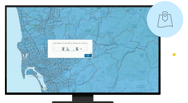 Écran d’ordinateur affichant un plan interactif en bleu avec différentes régions mises en évidence en beige 