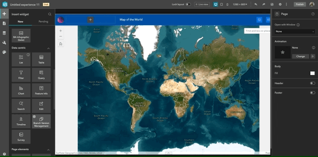 GIF showing a grid of widgets and dragging a button on top of a blue and green map of the world