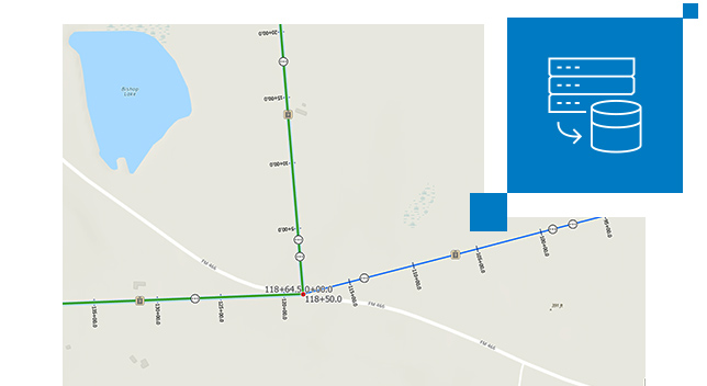 Carte affichant des lignes vertes et bleues représentant une localisation où les itinéraires des pipelines convergent, avec une icône de conteneur de géodatabase