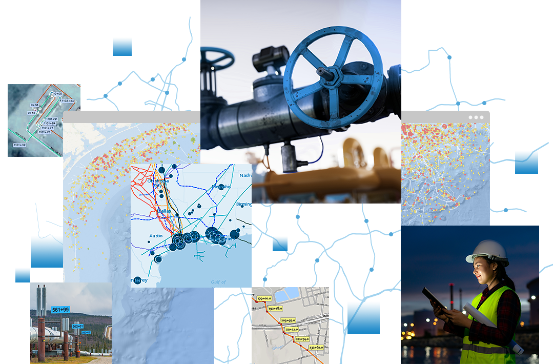 Series of images including pipeline network maps, a photo of a woman in a hard hat holding a tablet, and pipelines