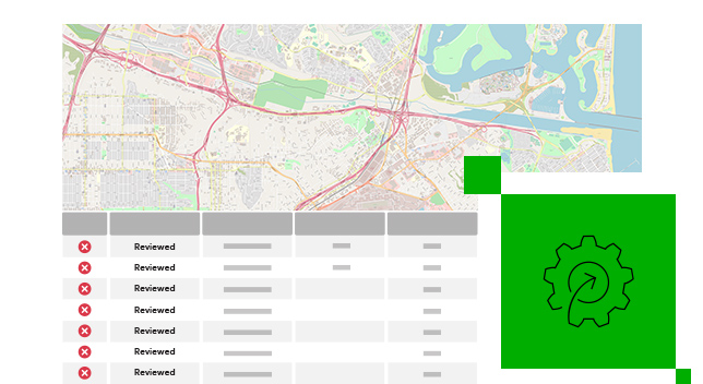 Straßenkarte in ArcGIS Pro mit einer Tabelle der erkannten Datenfehler sowie einem Zahnradsymbol