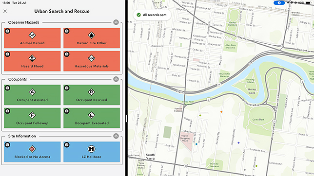 A city map in pale blue and green alongside a field data app menu