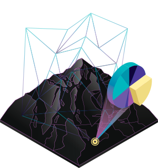 Graphic of a gray 3D mountain shape overlaid with a colorful geometric web and a small projecting pie chart