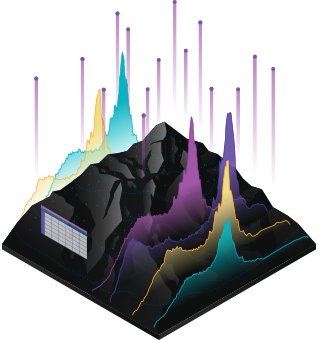 Graphic of several colorful vertical line charts overlaid on a gray 3D mountain shape