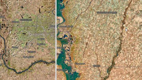 Satellite photo divided into two halves showing an area in Nebraska before and after the flood
