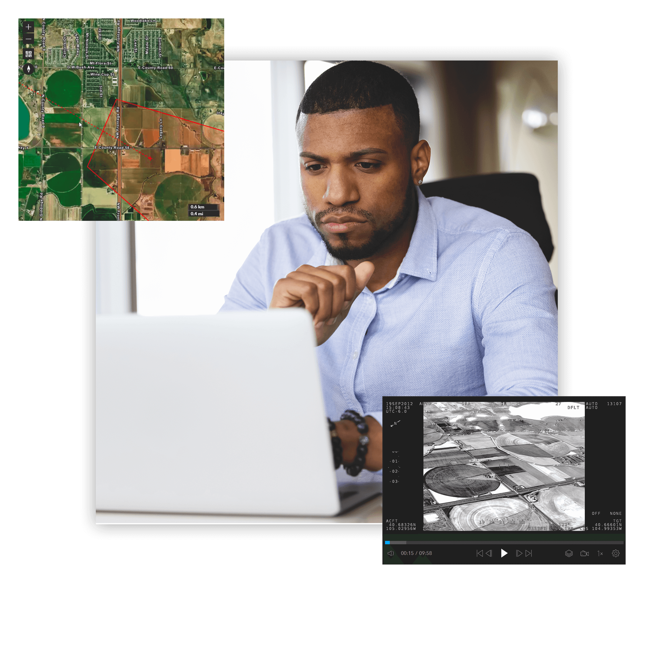 A person sitting at a desk looking contemplatively at a laptop, and a small map and an ArcGIS Video Server interface in the foreground