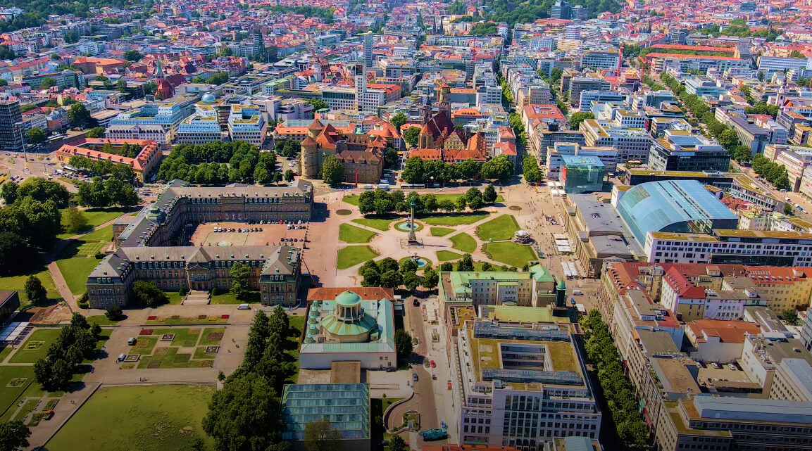 Aerial view of the densely populated city of Stuttgart, Germany