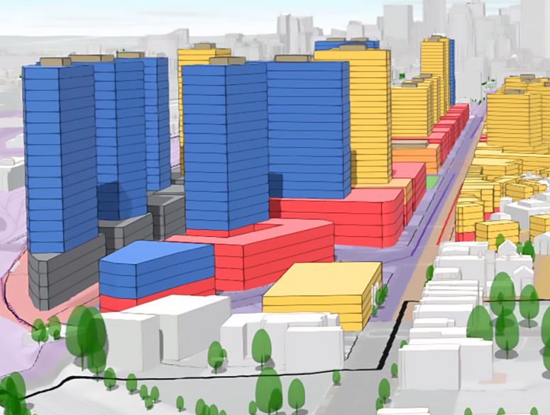 A 3D rendering of a city block with blue, yellow, and red high-rise buildings