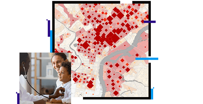 doctor listening to child’s heart with a stethoscope and a map with red squares on it