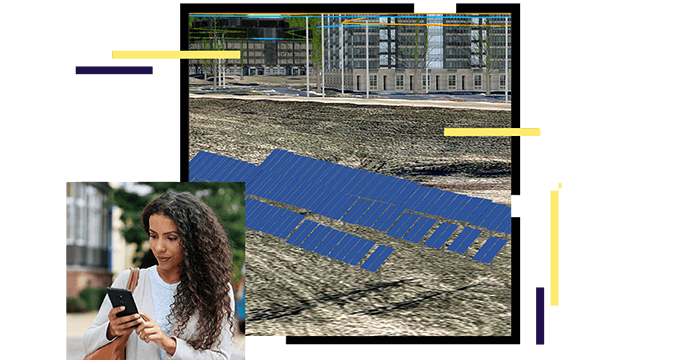 A 3D model of three rows of solar panels on a work campus and a customer using GIS on their mobile phone