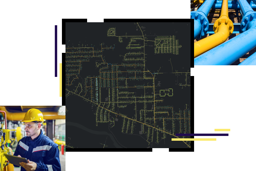 A dark gray city map with streets shown in glowing yellow, a photo of blue and yellow utility pipes, and a person in a safety helmet holding a tablet