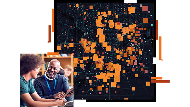 A concentration map with orange map points clustered on a black background, overlaid with a photo of a student and a teacher laughing as they discuss a tablet display