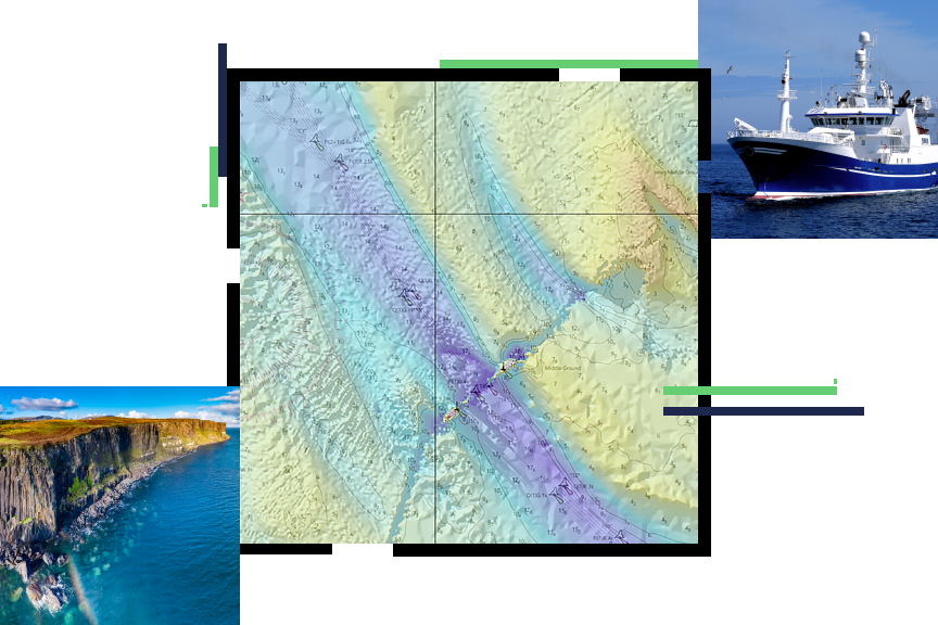 A contour map in yellow and violet, overlaid with a small picture of a ship in peaceful blue waters and an aerial photo of a pastoral oceanfront cliffside