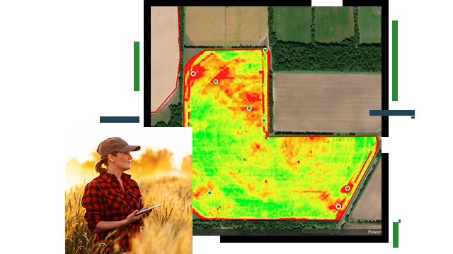 A composite aerial photo of a segmented field layered with a heat map, overlaid with a photo of a person standing in a field of wheat holding a tablet