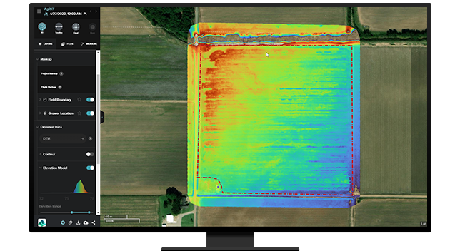 A graphic of a computer monitor displaying a map of brown and green farmland with an overlay of multicolored heat map data 
