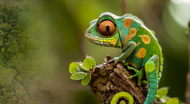 A close photo of a colorful gecko clinging to a twig with tiny green leaves and a blurry green background