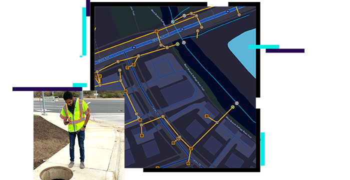 A map with yellow lines leading to locations of infrastructure assets overlaid with an image of a worker wearing a safety vest and peering into an open manhole