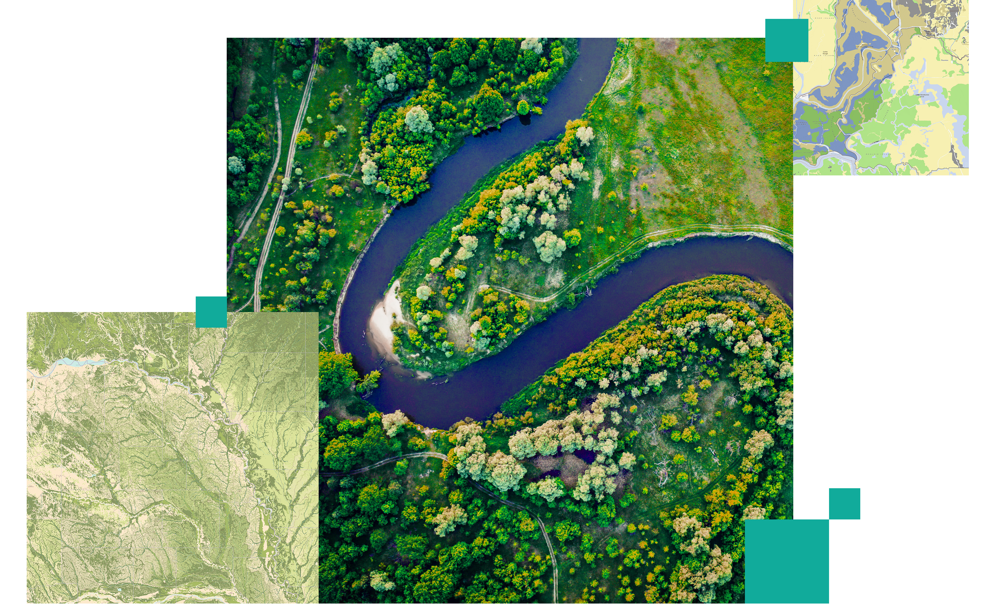 An aerial photo of a green wooded area with a curving blue river, overlaid with a contour map and a heat map in green